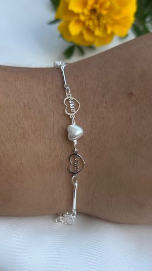 Pulseira feminina corrente minimalista conectado de pingente de coração escrito amor e um pérola de formato de coração