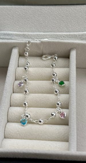 Pulseira banhada a prata feminina de corrente com bolinhas com corações de cristais coloridos de fecho gancho