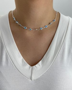 Colar chocker de olho grego azul celeste